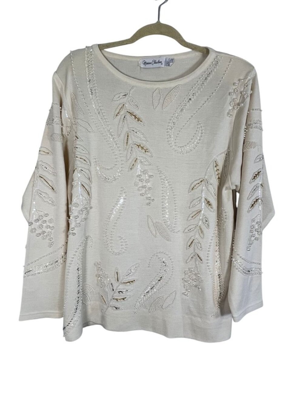 Vintage Floral Beaded Knit Sweater Cream‎ L Cottage Classic Wool Neutral Festive